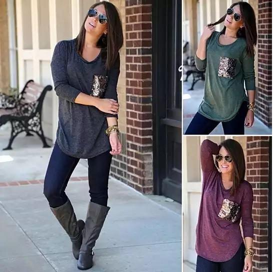Size: XLarge,Color: Sea Green - Queenie Tunic Top With Sequined Pocket