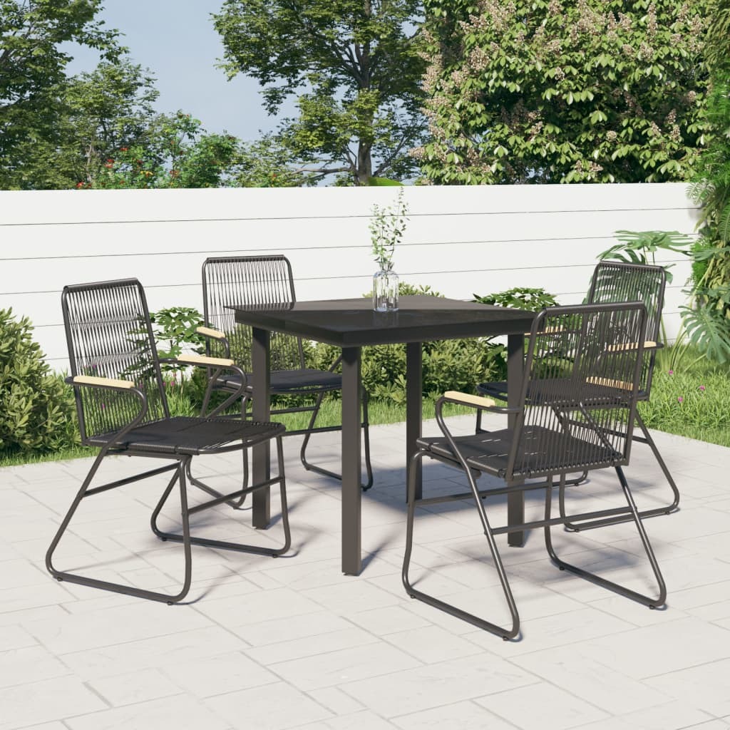 Garden Dining Set Black PVC rattan, powder-coated steel, glass